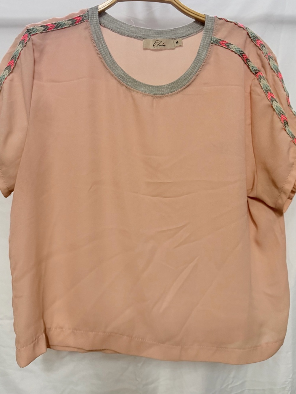 Women's Peach Short Sleeve Blouse with Braided Trim